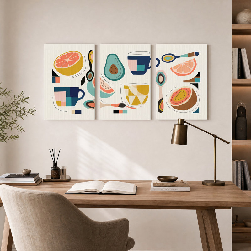 Ensemble de 3 toiles murales représentant des avocats et des pamplemousses avec des tasses à café géométriques
