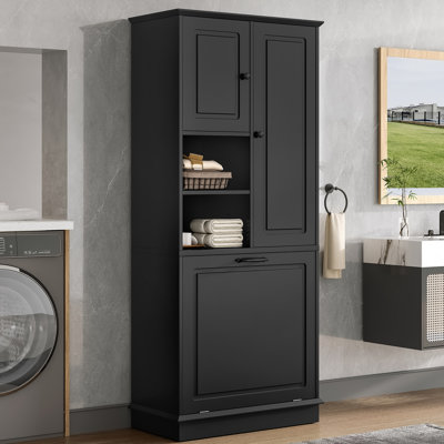 Grande armoire de rangement avec tablettes réglables, grand panier rabattable et armoires fermées - pour la salle de bain, le salon ou le bureau, panneau de fibres à densité moyenne avec poignées en alliage d'aluminium