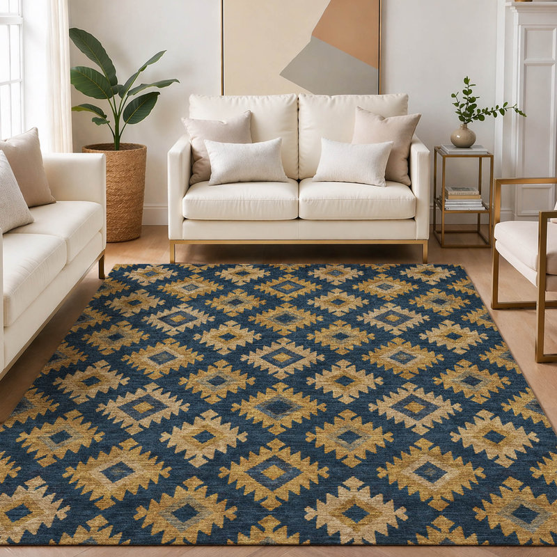 Tapis géométrique intérieur / extérieur lavable à la machine Chantille ACN2952, Marine, 3 pi x 5 pi