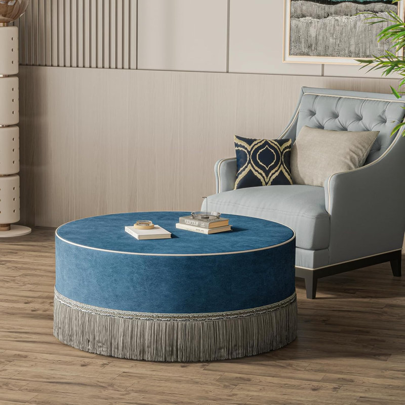 Round Tassel Upholstered Cocktail Ottoman Coffee Table