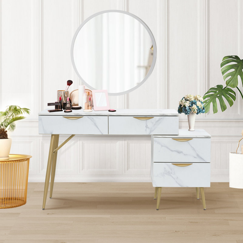 Modern Writing Desk with Drawer and Metal Legs, White