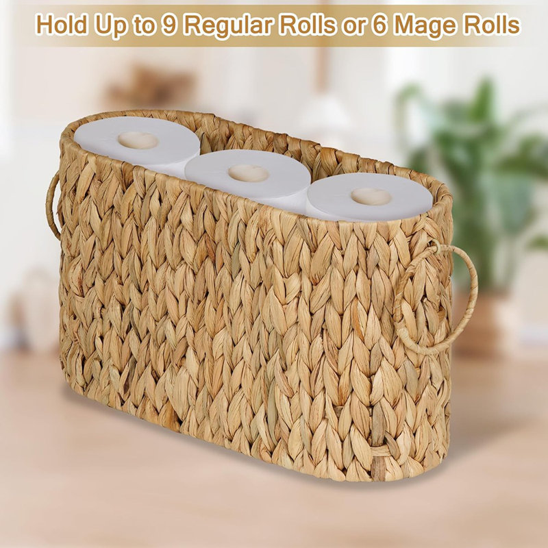 Panier de rangement en papier hygiénique Water Hyacinth - Organisateur de salle de bain mince, peut contenir jusqu'à 9 méga rouleaux