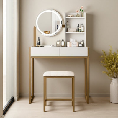 Petit bureau de coiffeuse avec miroir et lumières, coiffeuse de maquillage avec miroir à DEL, 3 modes d'éclairage, prise de courant, tiroir, tablettes ouvertes et tabouret rembourré pour la chambre à coucher