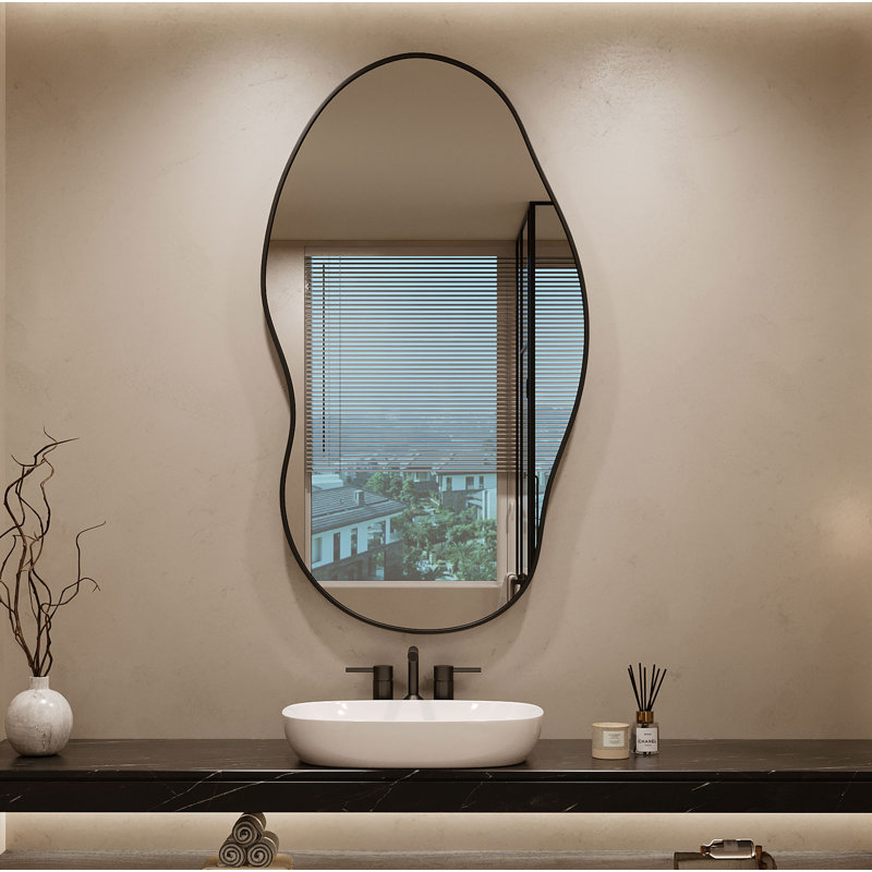  Miroir ondulé mural irrégulier pour vestiaire, chambre à coucher, salon et vestibule, 46 po x 26 po, Noir