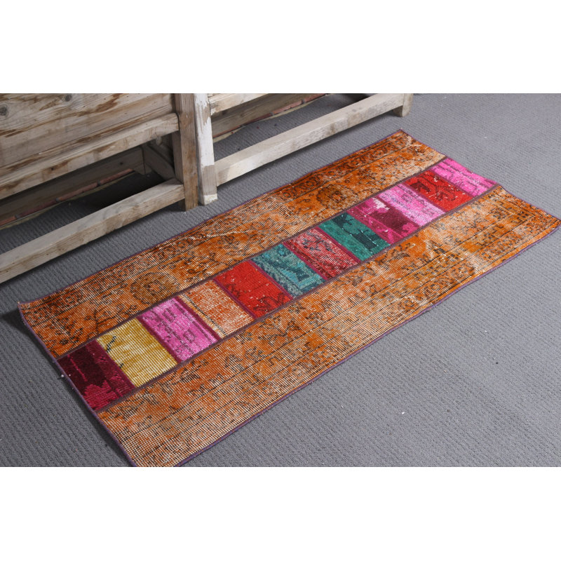 Small Vintage Patchwork Oushak Rug in Orange Overdyed for Entry Handmade Colorful Ethnic Floor Decorative