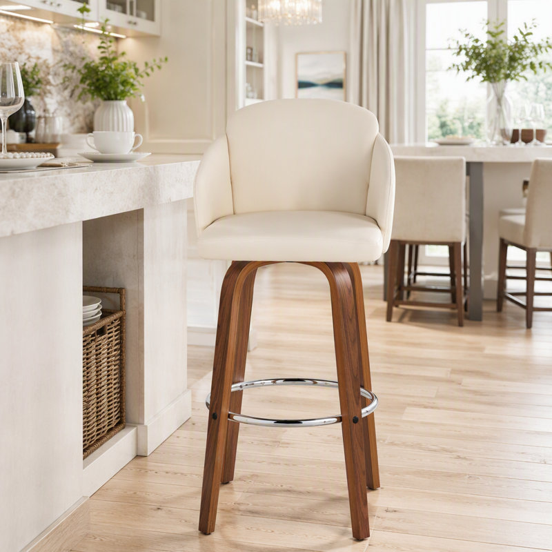 Tabouret de bar à hauteur fixe avec pivot en bois de noyer et similicuir crème avec repose-pieds rond chromé - ensemble de 2