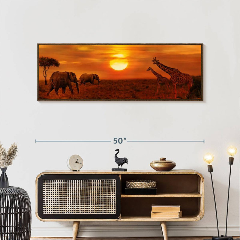 Coucher de soleil africain, Cadre flottant noyer, 49" X 17"