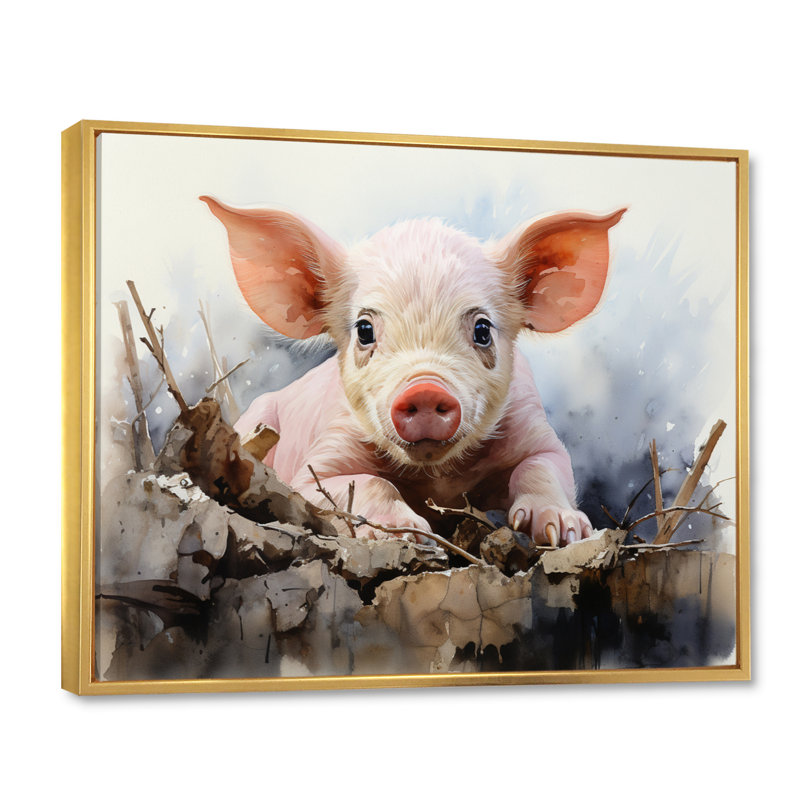 Cochon joyeux oinker, reproduction d'art sur toile, H 12 po x l 20 po, Cadre flottant doré