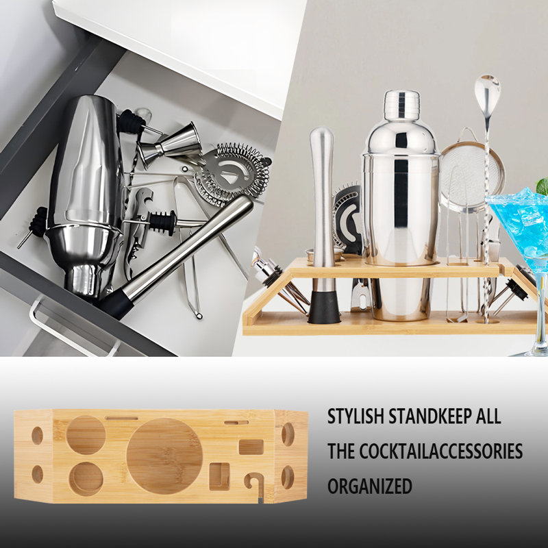 13 Piece Bartender Kit - Bar Tool Set Cocktail Shaker Set - With Rayon From Bamboo Stand