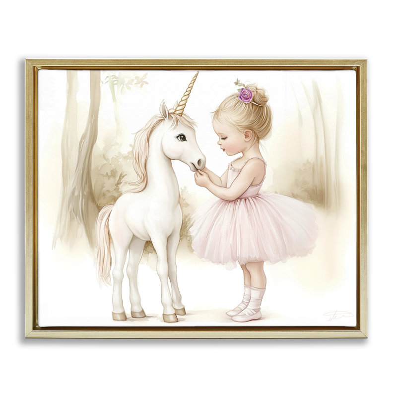 Cadre flottant Girl & Unicorn Friendship, design par Whimsical Wonders, H 25 po x l 31 po, Cadre flottant métallique doré