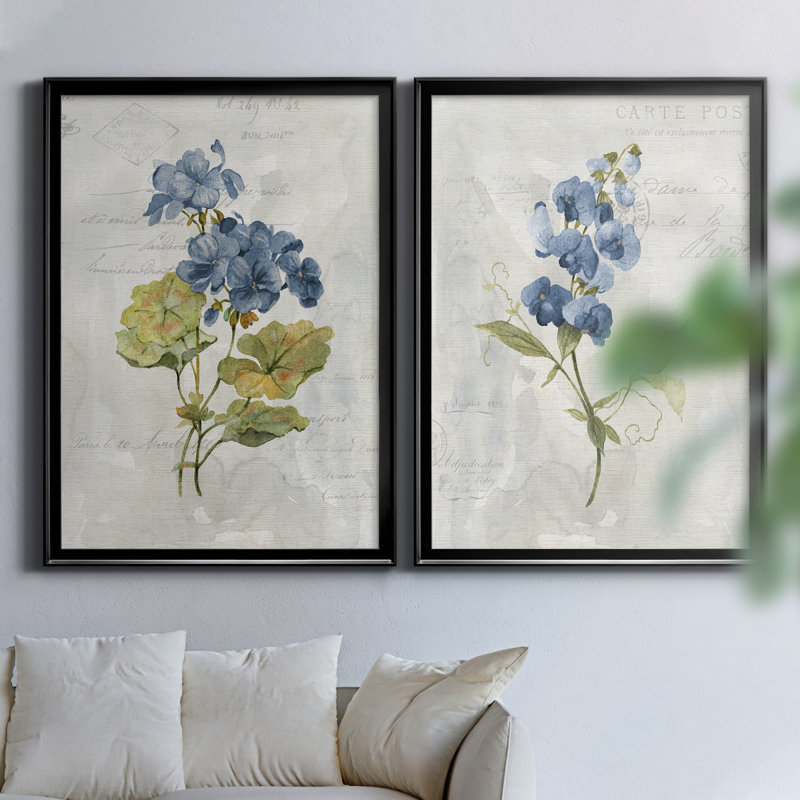 Lin bleu géranium - ensemble de 2 reproductions d'art, H 18,5 po x l 49 po x P 1,5 po, Toile avec cadre noir, Pas de tapis