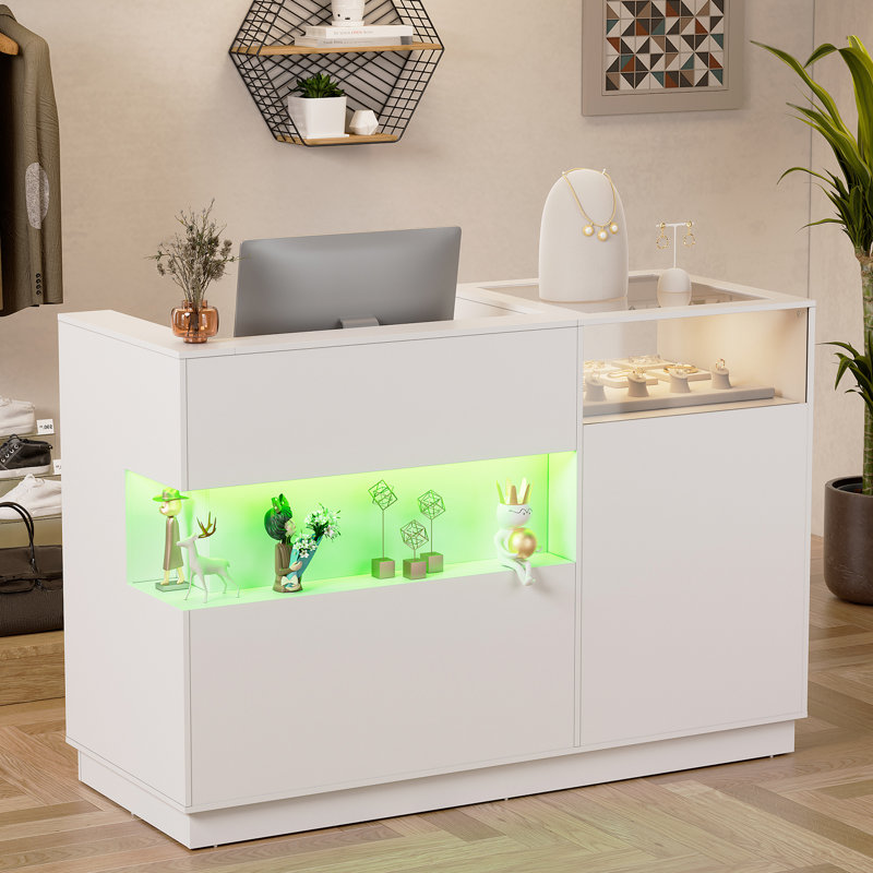 Bureau de réception avec comptoir, table de réception moderne avec éclairage à DEL et tablette en verre, comptoir de caisse en bois pour les halls d'entrée, salons, vente au détail, bureaux à domicile, salle de réception