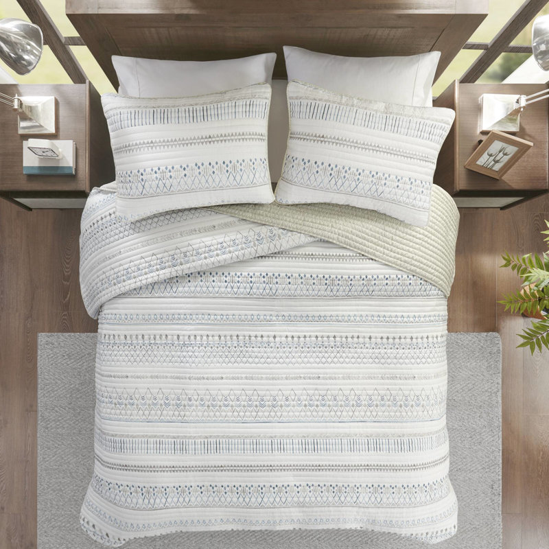 Courtepointe en microfibre à imprimé géométrique, taupe / bleu, double / grand décor taupe et bleu, confortable réversible