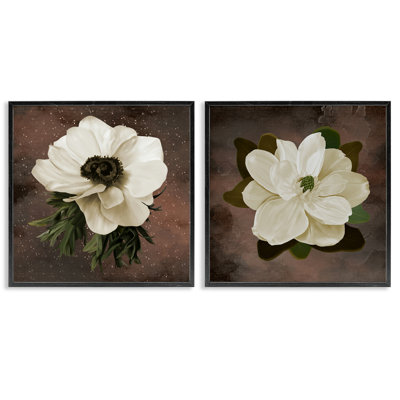 White Flowers on Brown 2pc Framed Giclee Set, design by Jennifer Stith