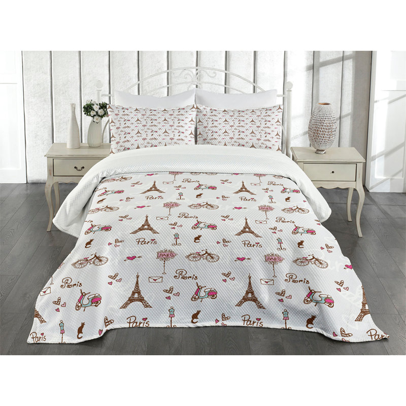 White Quilted Paris Pattern Queen Bedspread Set