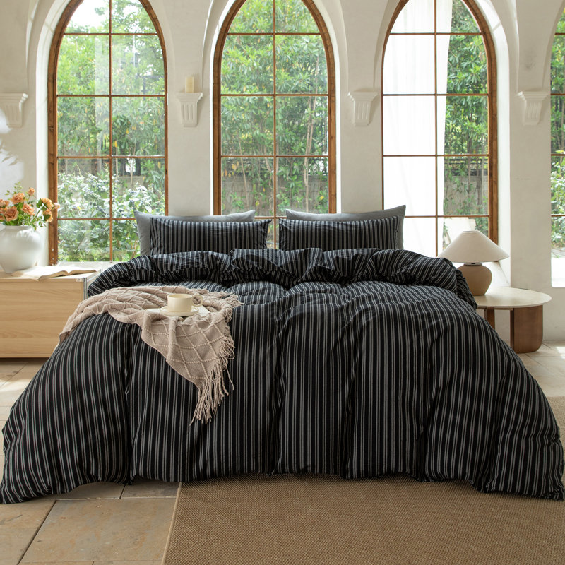 DONEUS Striped Duvet Cover Set 100% Washed Cotton Linen Like Soft Feelling Breathable Bedding, Black/White