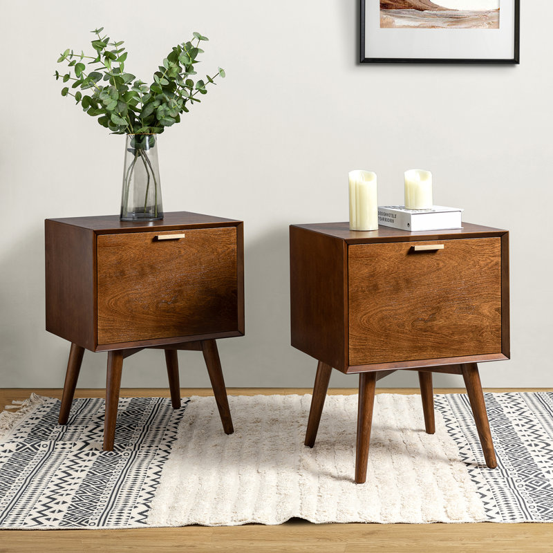 Boneva Mid-century Modern 18''W 2-Drawer End Table with Hidden Drawer and Charging Station, Walnut