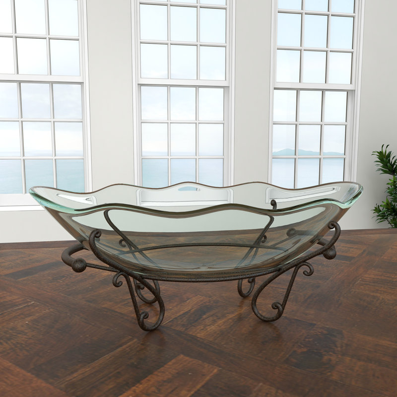 Tempered Glass Scalloped Edge Kitchen Serving Bowl with Bronze Metal Scroll Stand