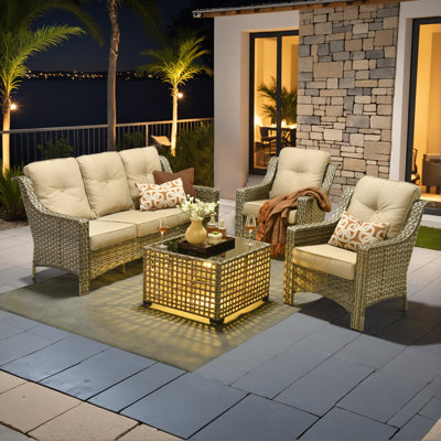 5 - Person Wicker Outdoor Conversation Set, Patio Sofa Set with Lighted Coffee Table and Cushions
