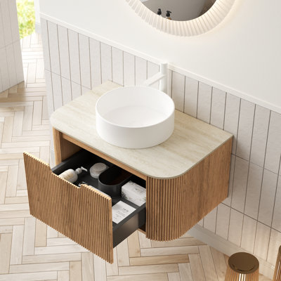 Meuble-lavabo de 30 po, lavabo vasque rond en céramique blanc, plateau en pierre frittée de haute qualité, armoire de rangement en contreplaqué avec tiroir à fermeture en douceur et meuble-lavabo à rayures 3D 30 po, système à motif brillant de 14 po