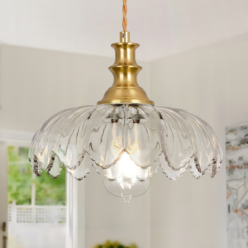 Luminaire suspendu en forme de dôme doré à 1 lumière de 10,23 po Junathean avec abat-jour en verre pétale avec cordon, Clair
