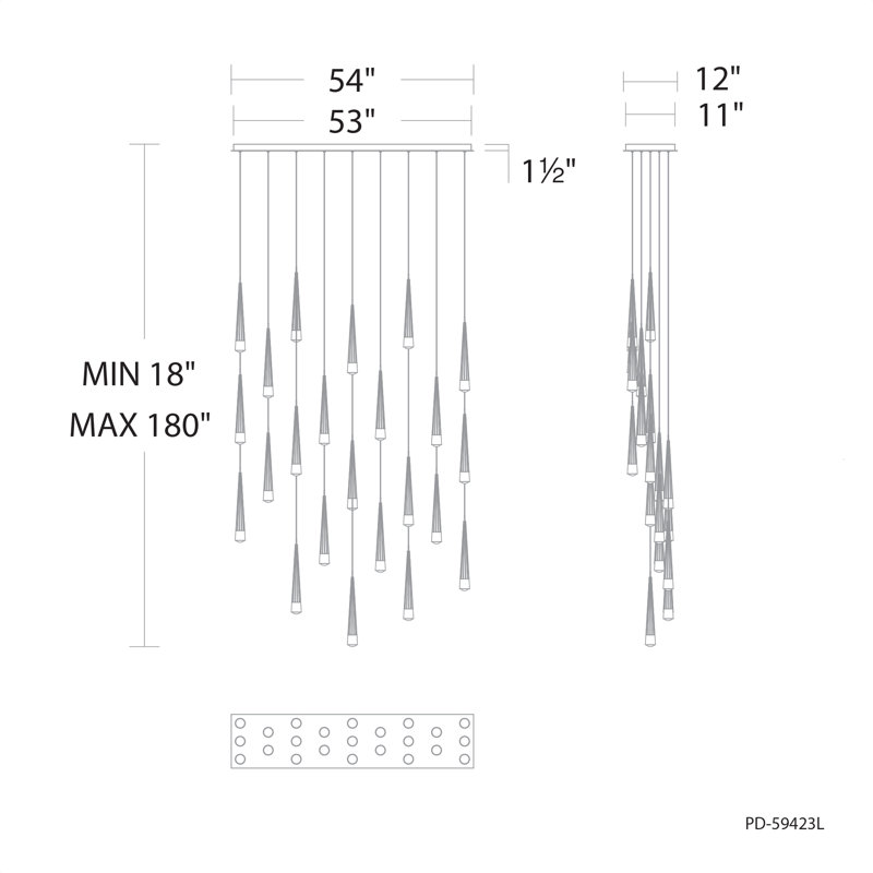 Luminaire suspendu à 23 lumières DEL Quill Linear, Laiton vieilli