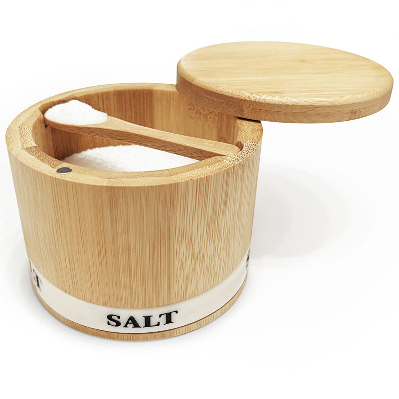 Bac à sel en bambou avec couvercle pivotant et couvercle à sel magnétique pour ouvrir et sceller facilement la salière avec cuillère
