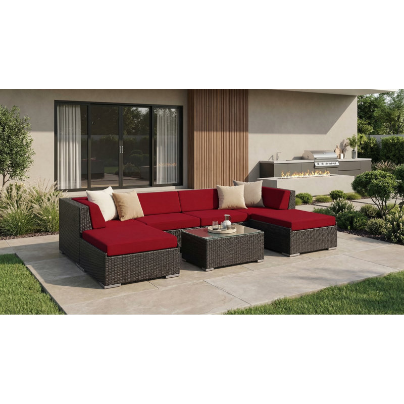 Ensemble de conversation en osier pour 4 personnes avec coussins Billyjo Wicker, Toile Sunbrella® rouge Jockey, Noir