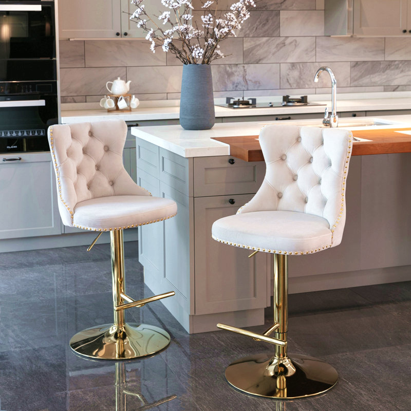 Tabourets de bar pivotants en velours à hauteur réglable de 25 à 33 pouces, tabourets de bar rembourrés modernes avec dossier capitonné confortable, ensemble de 2