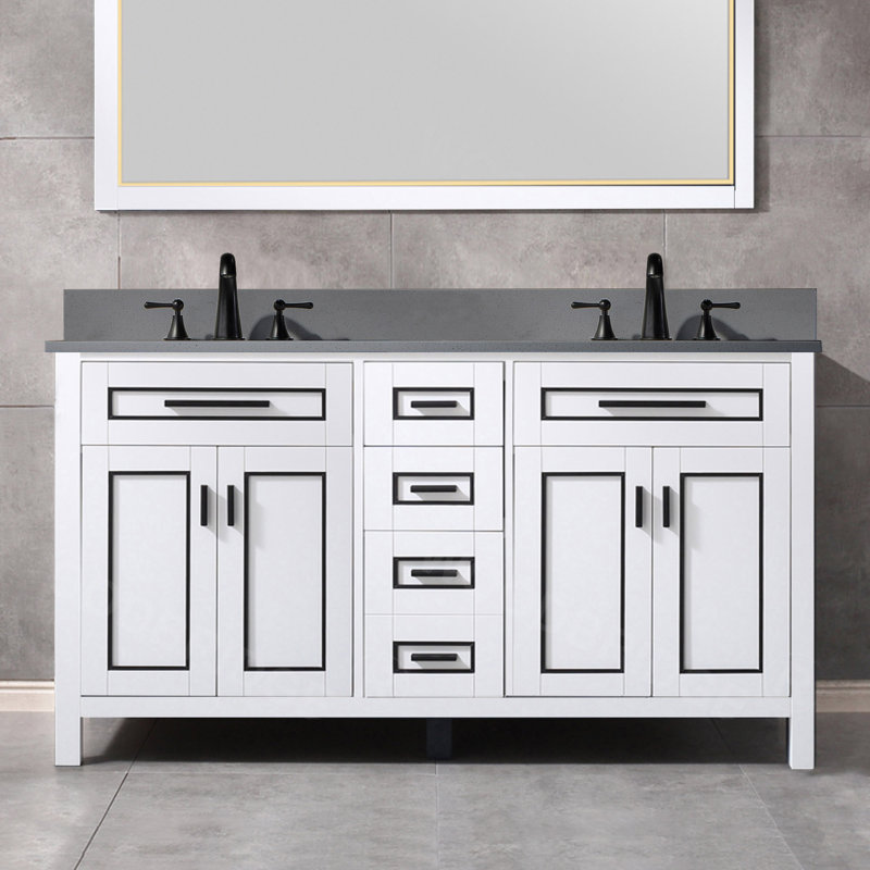 61" White and Black Trim Solid Wood Double Vanity with Carrara Marble Top