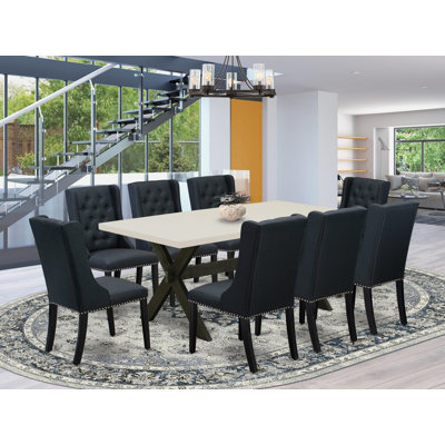 7 Piece Dining Table Set Consist of a Rectangle Dining Room Table with X-Legs and 6 Black Linen Fabric Upholstered Parson Chairs, Wire brushed Black
