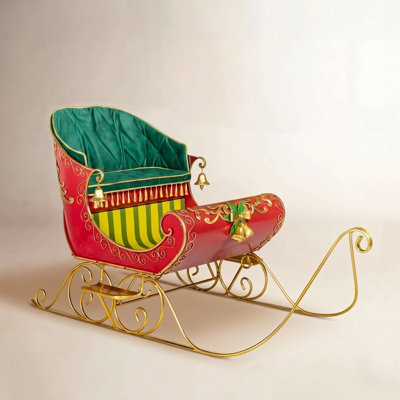 8ft. Long Opulent Metal Christmas Sleigh Life-size Commercial Holiday Display, Indoor/outdoor, Seats 2, Glossy Red & Gold Finish, Vintage Style Sleigh Décor, Includes Cushion