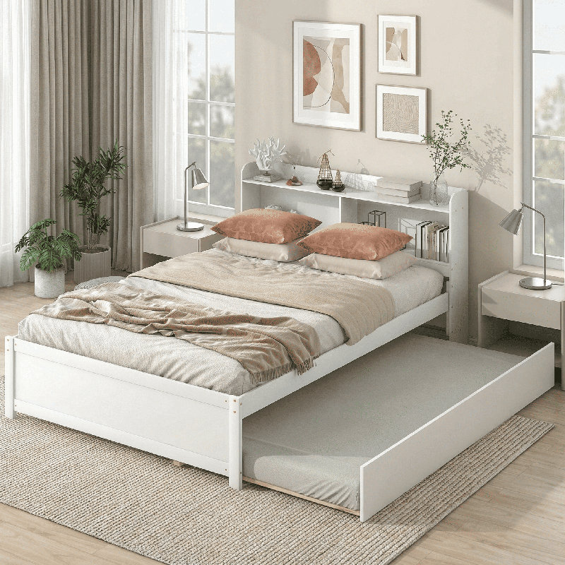 Lit gigogne double avec tête de lit bibliothèque - Lit minimaliste contemporain, Blanc