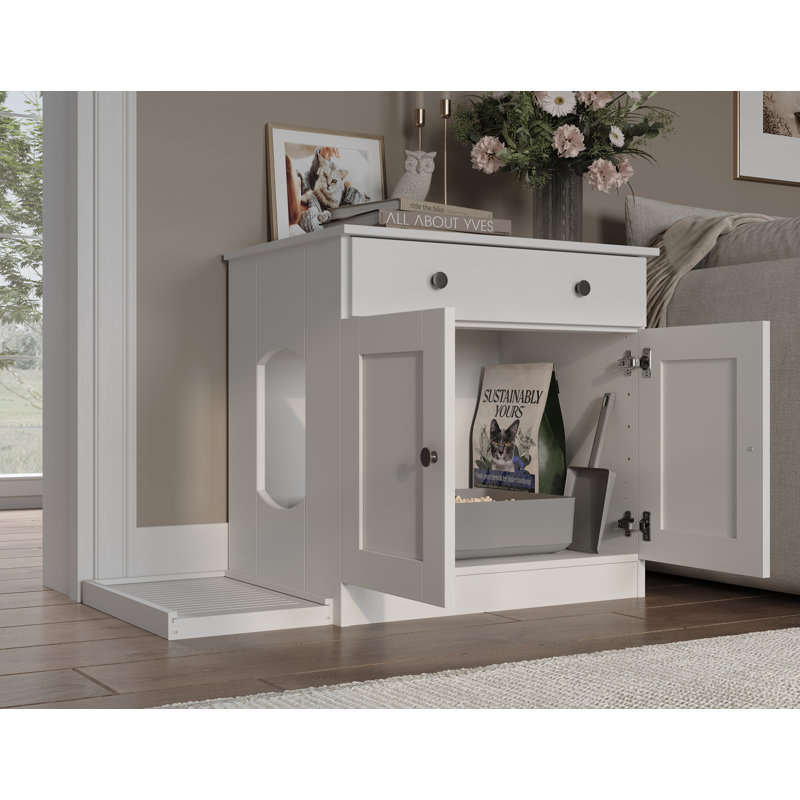 Enceinte de chat à 2 portes avec 2 tiroirs et bac à litière Palace Imports 100% bois massif Haajarah, Blanc