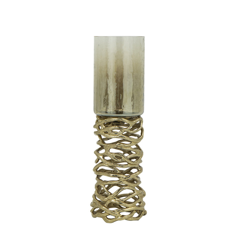 Ashly Candle Holder, Swirled Branch Accent, Gold Metal, Brown Glass 15 Inch