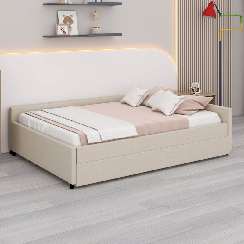 Upholstered Platform Bed ,Modern Cloud Bed Frame With Trundle And USB, Full