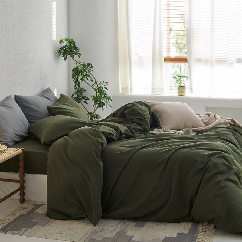 MooMee Duvet Cover Set with Zipper Closure & 8 Interior Ties 100% Washed Cotton Twill Soft Linen Like Textured, Olive Green