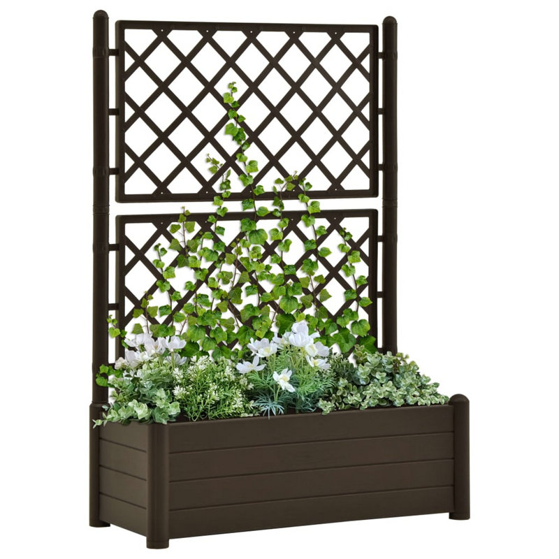 Garden Planter Flower Box With Trellis, Mocha Brown Plastic, Drainer
