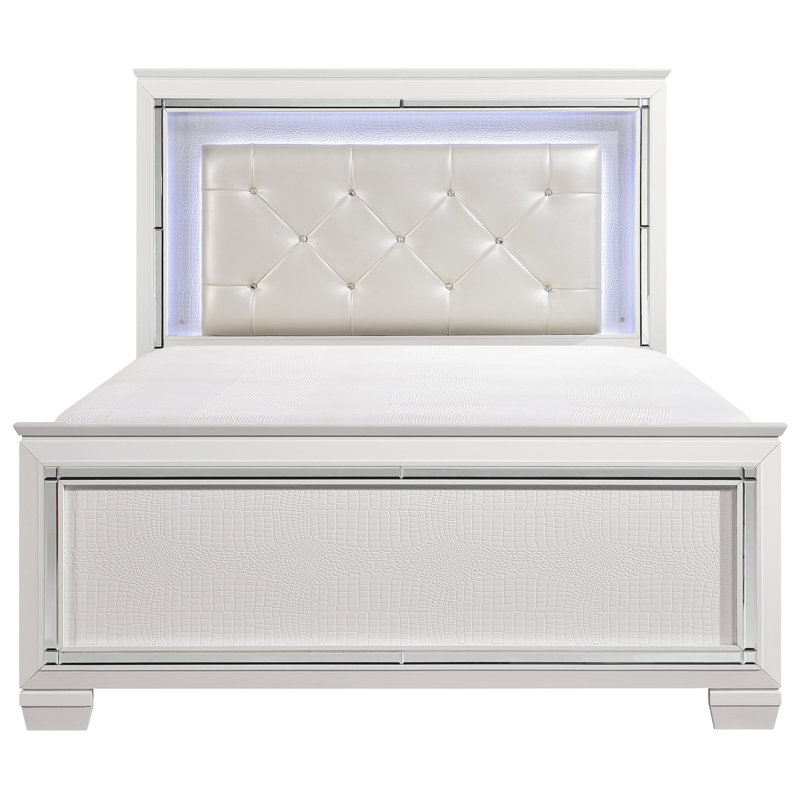 Queen Bed For Bedroom With Button- Headboard And Illumination Modern Size Led In White