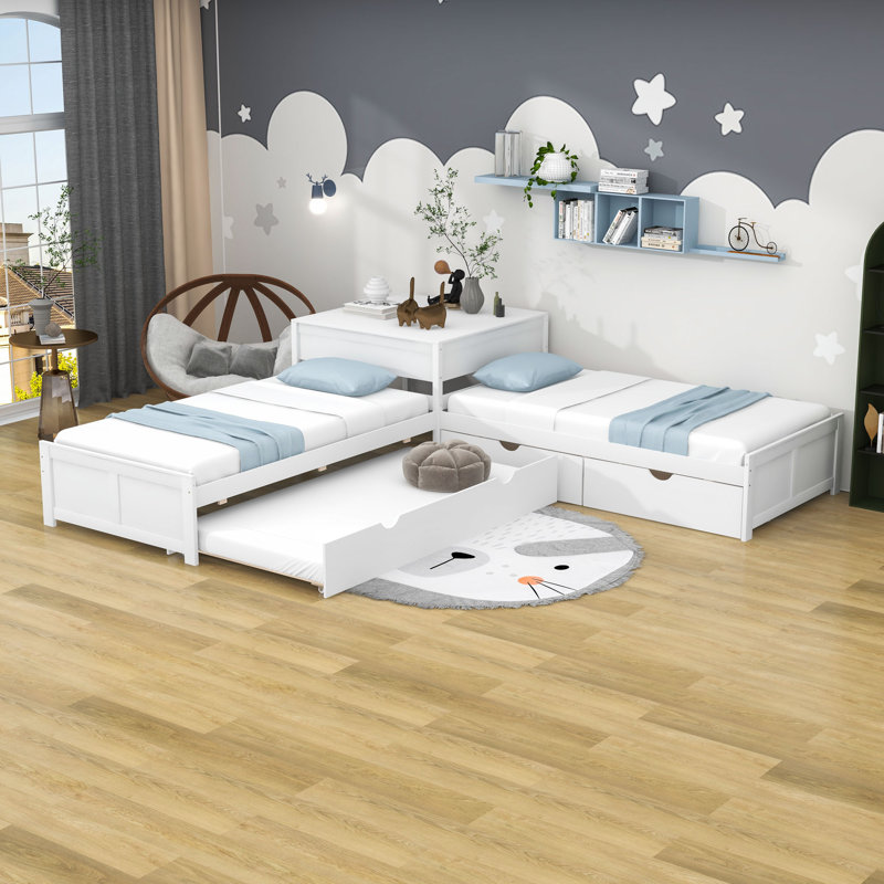 Kids Twin Platform with Trundle with Drawers, White