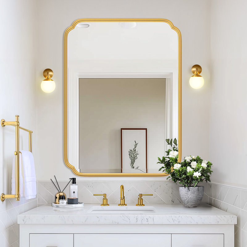 Miroir de salle de bain mural en verre trempé à haute résistance Marleth, Or, 39,9 po x 30 po