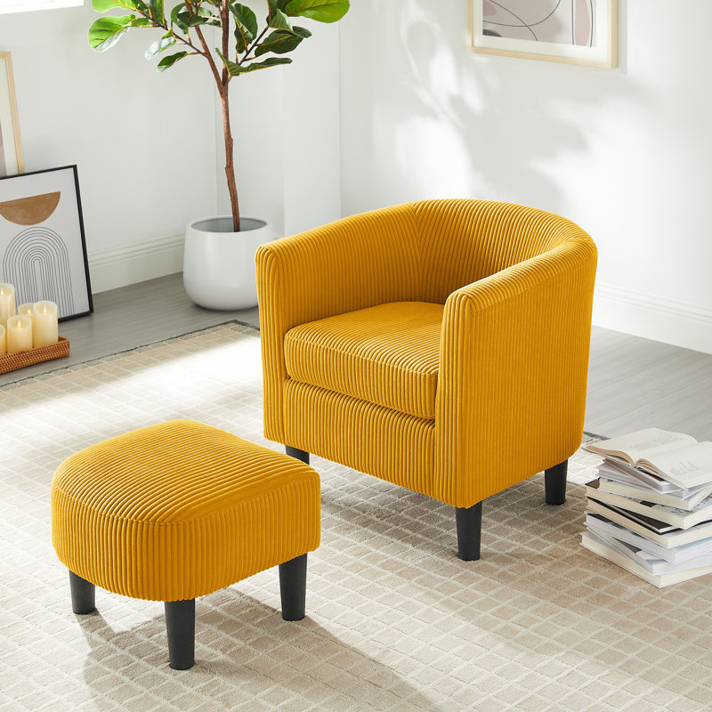 Upholstered Chair With Ottoman, Yellow Corduroy 1