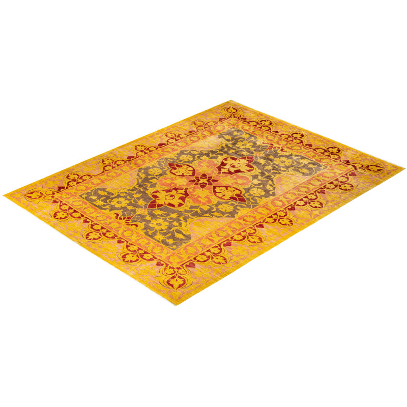 Tapis unique noué à la main jaune / rouge / gris Trilla Eclectic 10 pi 3 po x 13 pi 7 po