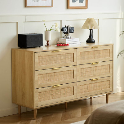 Aimara 51" Rattan 6 Drawer Dresser for Bedroom, Boho Wood Dresser with Gold Handles & Wood Legs, Commode  