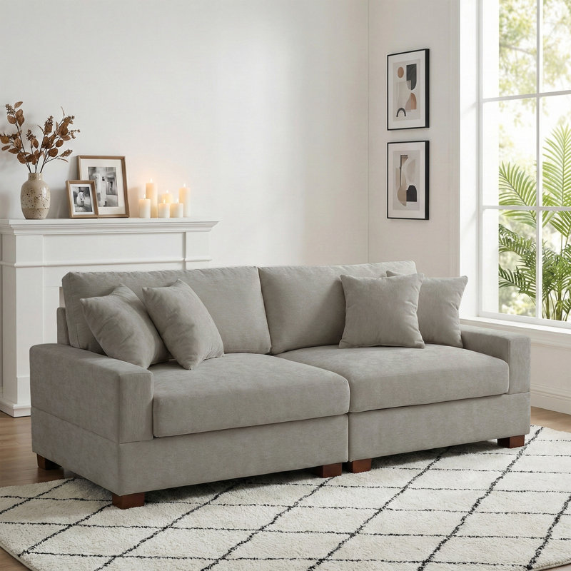 2 - Piece Upholstered Gray Chenille Modular Sectional Sofa with Armrests & Throw Pillows, Gray