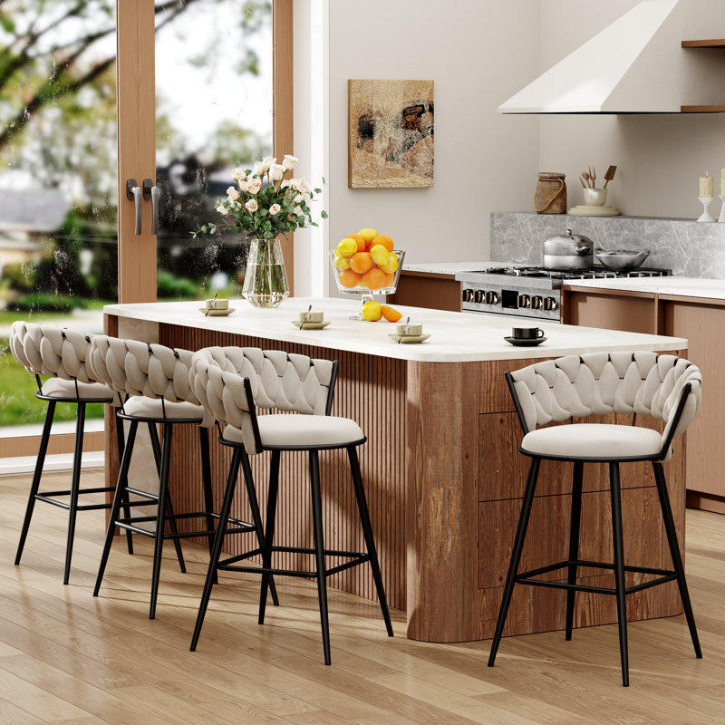 Upholstered Counter Stool With Metal Frame, Bar Stool (30” Seat Height), Beige