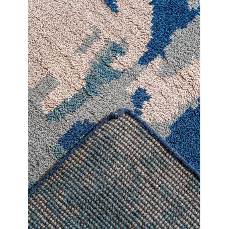 Bleu | Tapis intérieur beige en laine noué à la main, Rectangle 9 pi x 12 pi