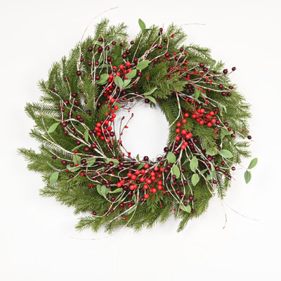 Couronne de Noël artificielle 24 po avec aiguilles de pin, bouleau, baies rouges, hiver, porte d'entrée, couronne de Noël, décoration de Noël