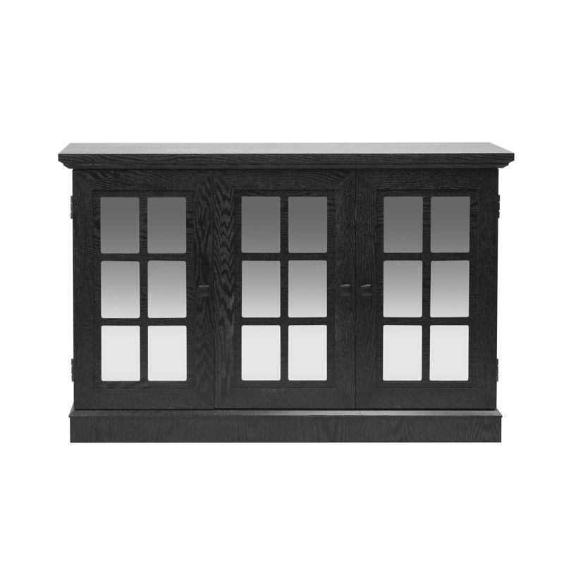 Armoire de rangement de 45 pouces de largeur avec trois portes en miroir en miroir et des armoires latérales avec tablettes réglables, idéales pour les salons, les salles à manger et les cuisines.