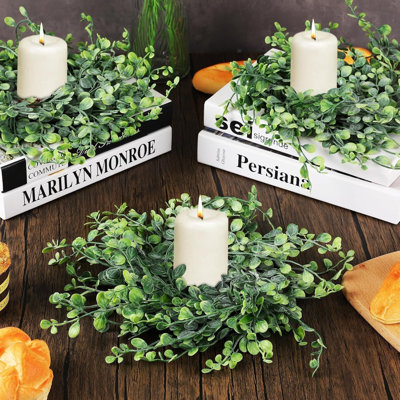 4 Pcs Mini Green Wreaths Boxwood Table Centerpieces Green Pillars Candle Rings Wreaths 9 Inch Wreath for Cabinets Farmhouse Wreath with Ribbon for Front Door Porch Wall Window Decoration